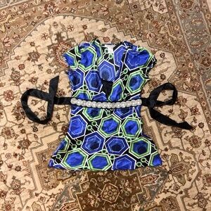 Geometric Blue and Green babydoll top with Black Belt